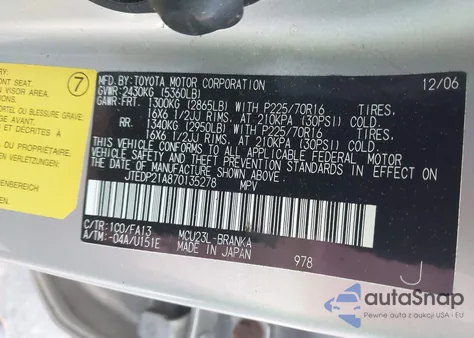 2007 Toyota Highlander V6 z USA, uszkodzony, nr VIN JTEDP21A870135278